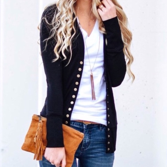 Sweaters - Black Snap Button Cardigan Ribbed Sweater